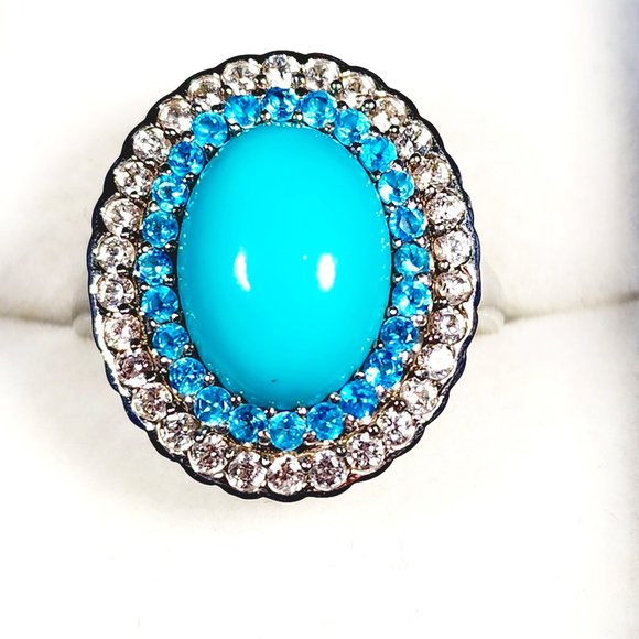 Sleeping Beauty Turquoise, Neon Apatite, White Zircon halo ring in Plat/925 sz 8 - Picture 1 of 6